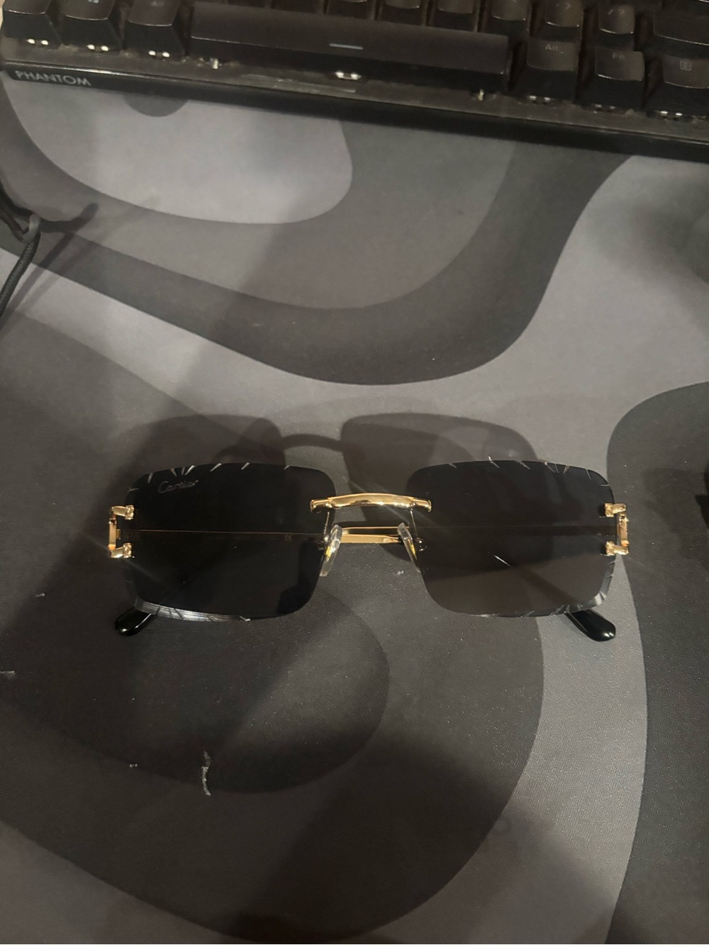Gold Rimless Square Black Lens Sunglasses - Men